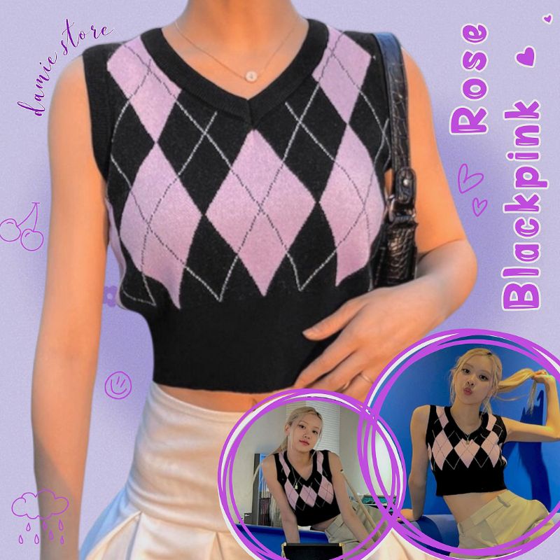 ☆DAMIE☆ Rose Blackpink Knited Crop Argyle Pink Vest korean Vest Import V Neck Retro | Rompi Rajut Si