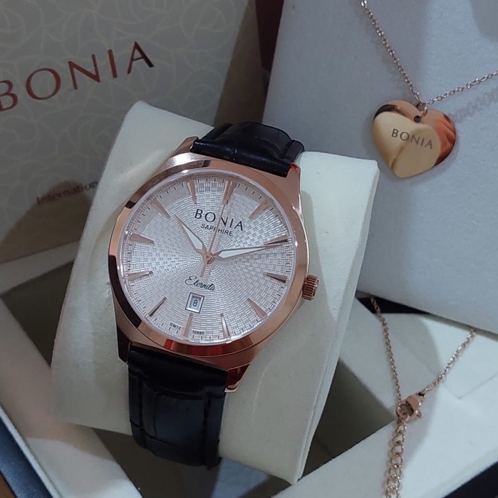 JAM PRIA BONIA BNB10680-1512 RG WHITE BLACK LEATHER SAPPHIRE ORI ORI