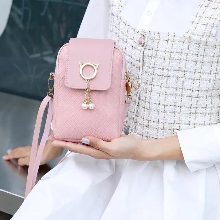 ♠ TAS HP MINI FASHION YUREKA ( Asli import ) SELEMPANG MOTIF TIKAR ANYAM TAS WANITA MUTIARA PEARL ✽