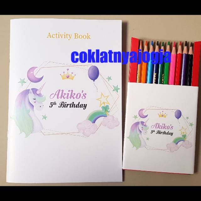 

(PO 13hr kerja, MIN 12) Birthday Souvenir Set Buku Aktivitas & Pensil Warna Box isi 12 Tema Unicorn Head