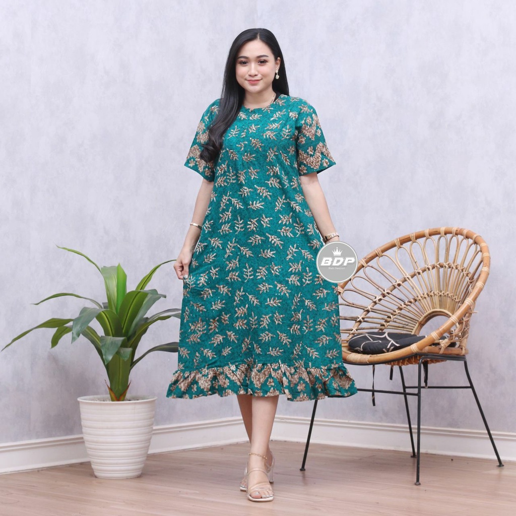 Dianputri - Daster Maura Batik Cap Rayon Grade A Motif Terbaru Busui Resleting Depan - Baju Tidur Daster Kekinian-rintik hijau