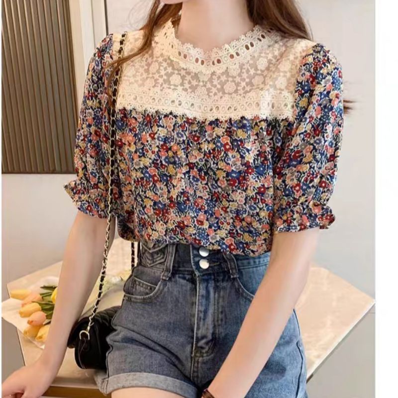 2477 Atasan Baju blus blouse kemeja lengan pendek motif bunga kerah leher tinggi Lace brukat brokat 