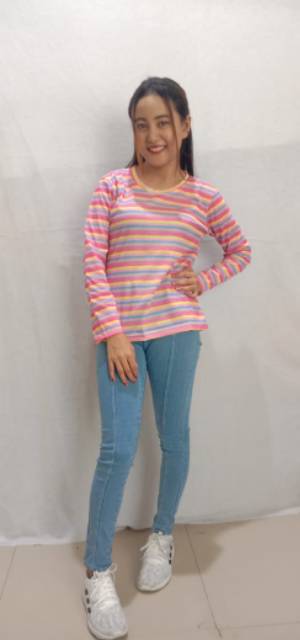 Atasan Wanita Pelangi rainbow Cetak Bergaris Lengan Panjang T-shirt Casual (real pict digeser ya)-5