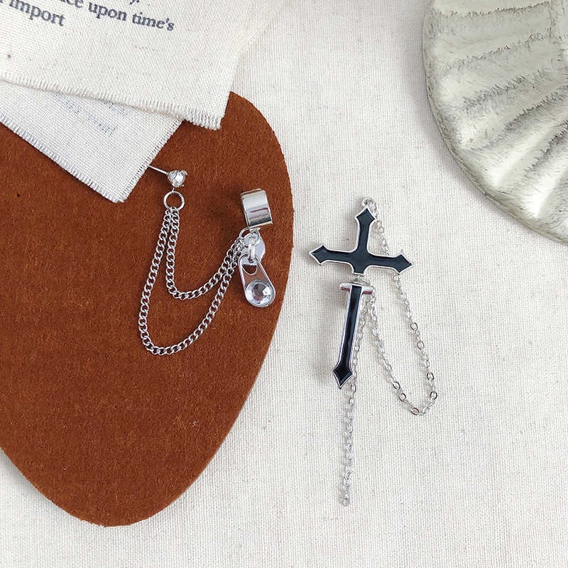 19144Korean personality cross hanging earrings，Chain zipper wild earrings fashion ear bone clip