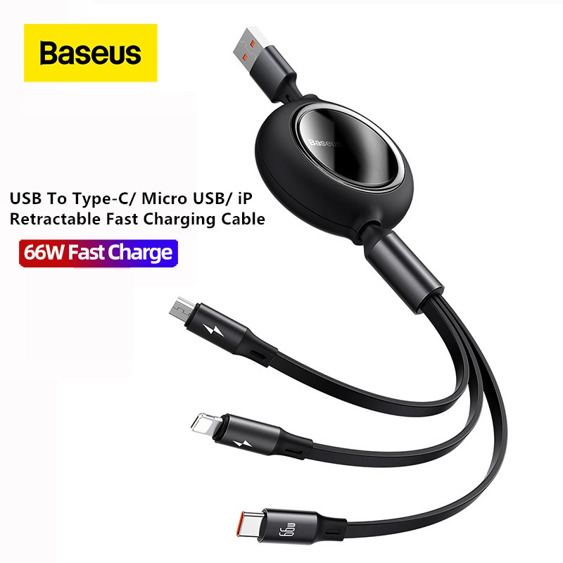 Baseus 6A 3in1 Kabel Data / Charger USB Ke Tipe-C / Micro USB / iP 66W Panjang 1.2m