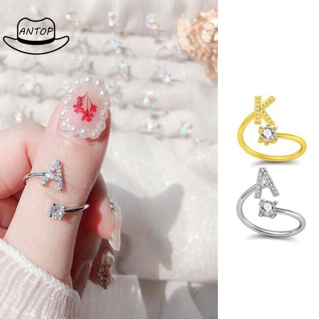 Antop！Cincin Wanita 26 Huruf Cincin Inggris Tembaga Berlapis Emas Putih Ring Aksesoris Fashion