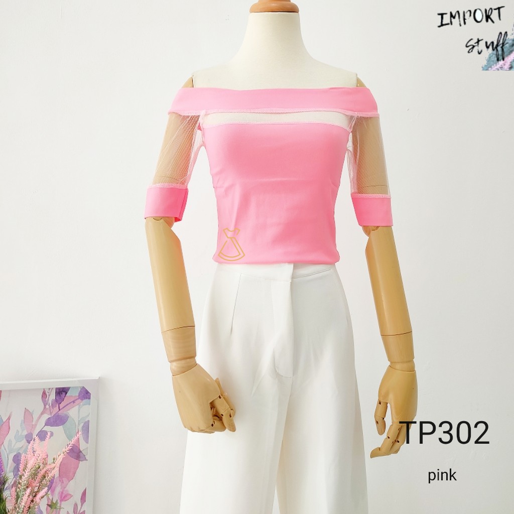 TP302 - BAJU ATASAN SABRINA SCUBA PINK POLOS IMPORT MURAH