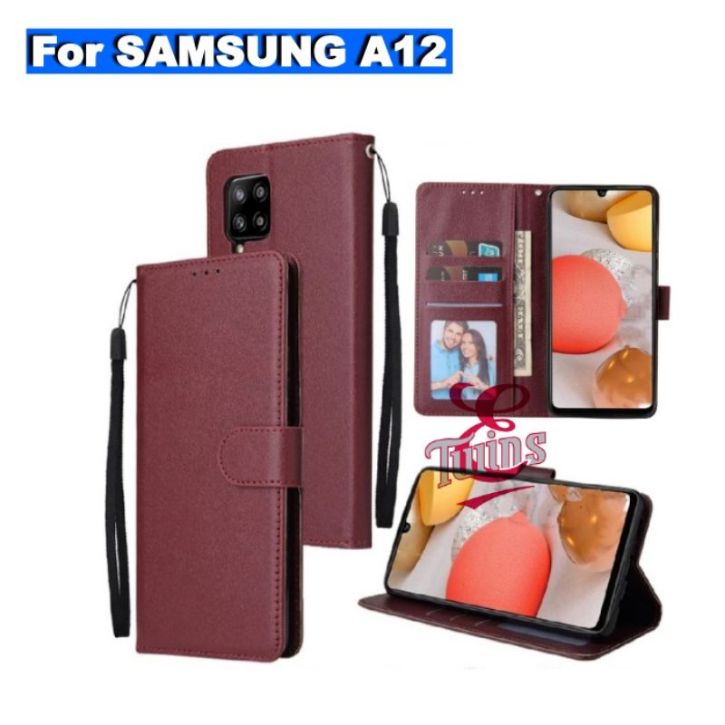Samsung Galaxy A12 Leather Case Casing Kulit Flip Wallet Cover Sarung Hp Dompet Kulit