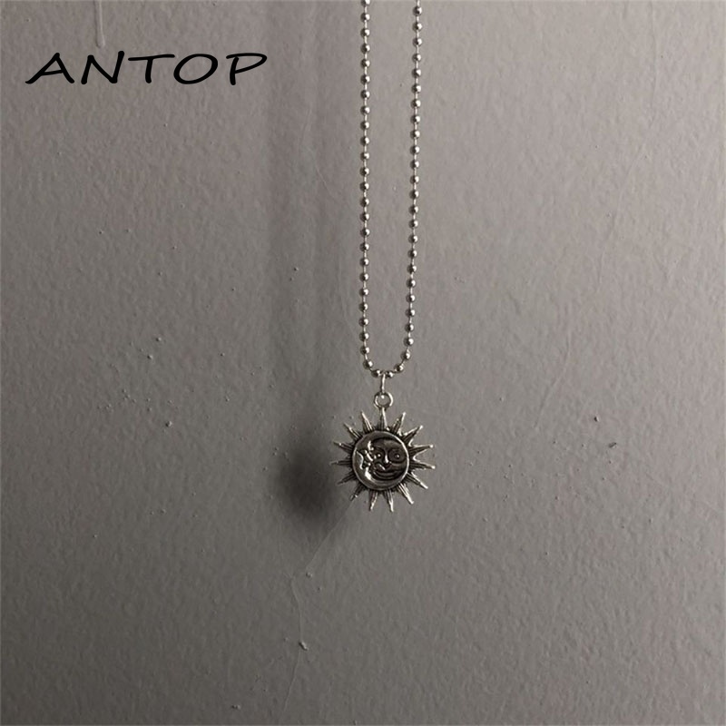 1 PC Perak Fashion Kalung Retro Sun Smiley Liontin Kalung Unisex Aksesoris Mode ANTOP