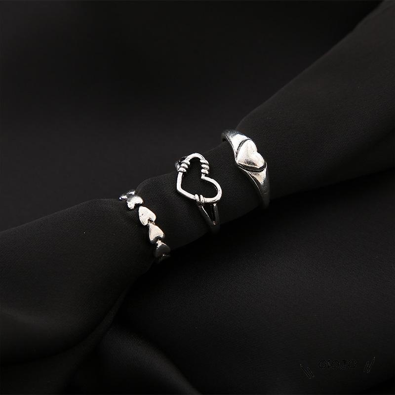 【COD】3pcs / Set Cincin Model Terbuka Bahan Metal Desain Hati Gaya Retro / Simple Kreatif Untuk Wanita