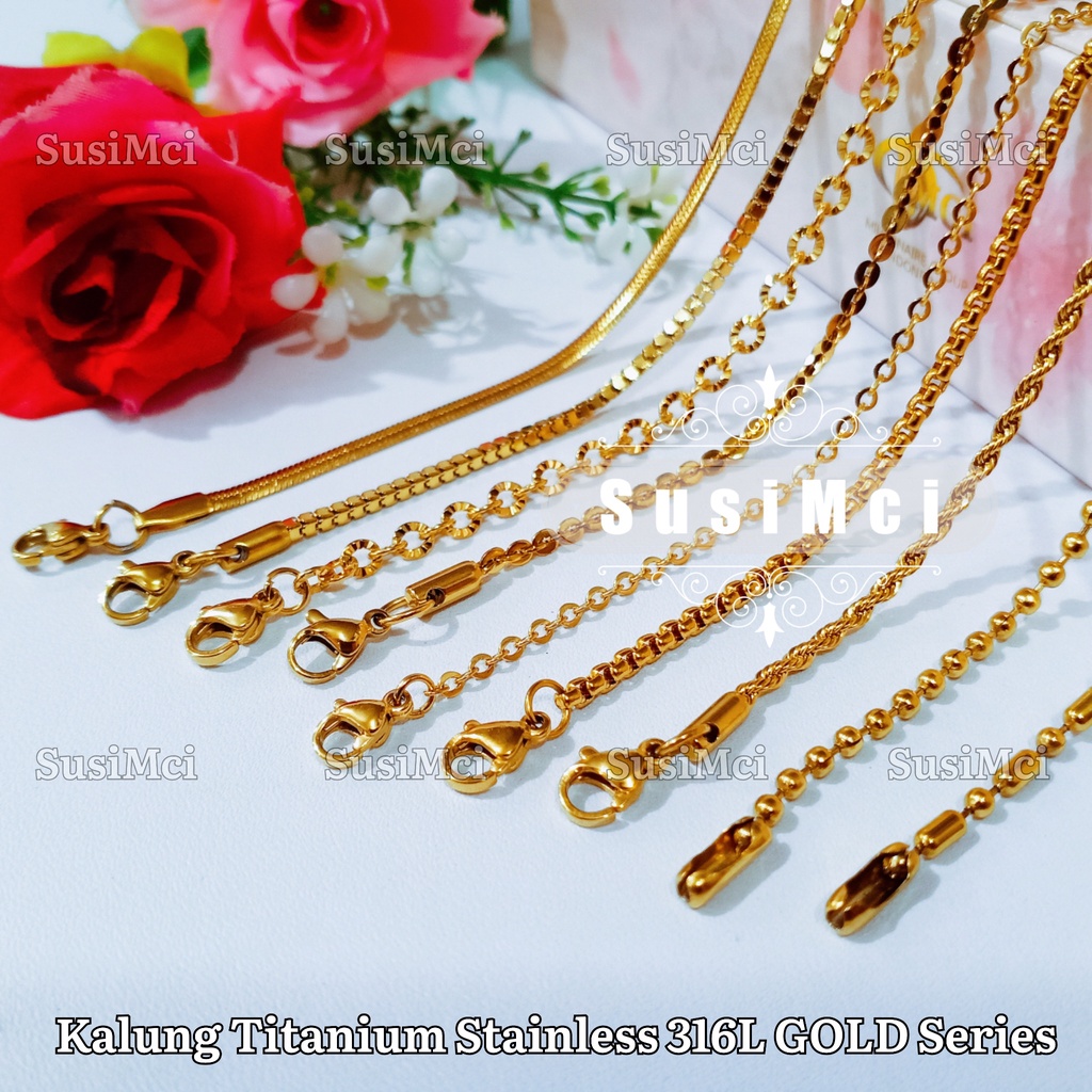 [[ 45cm 50cm 60cm 75cm ]]  Variasi Gold / emas Rantai Kalung Titanium Stainless 316L HIGH QUALITY ch