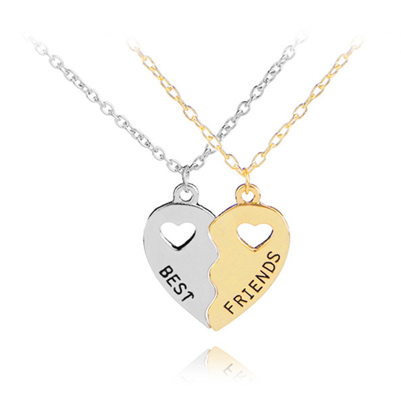 2Pcs Friend Heart Silver Tone Rhinestone Pendant Necklace Bff Friendship Jewelry