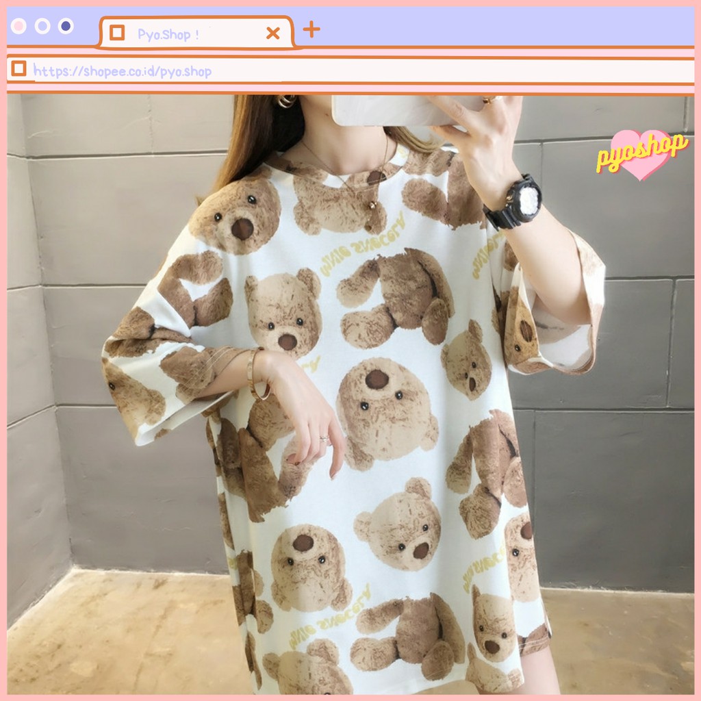 Oversize Tee Tshirt Kaos Import Longgar Model Besar Motif Bear Coklat Fullprint