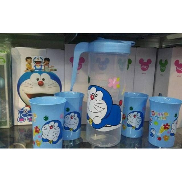 Teko set gelas Doraemon plastik kado unik rumah tangga best seller