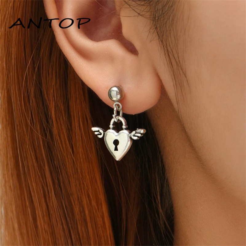 1 Pasang Eropa Dan Amerika Sederhana Anting Fashion In Net Merah Jantung Sayap Kunci Anting-Anting Wanita ANTOP