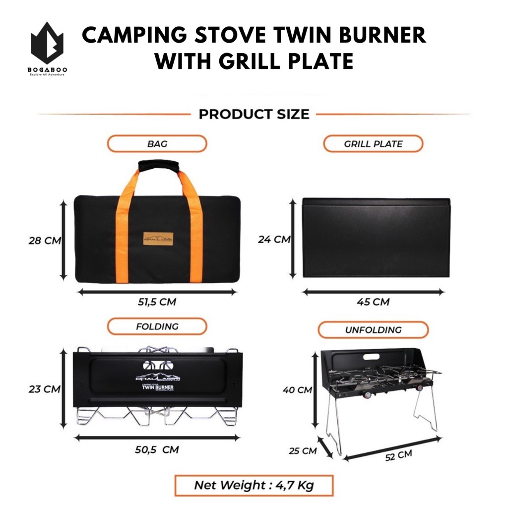 Kompor Camping Dhaulagiri Twin Burner With Grill Plate - Kompor Lipat Camping 2 Tungku / Double Burner - Windproof Gril And Pan