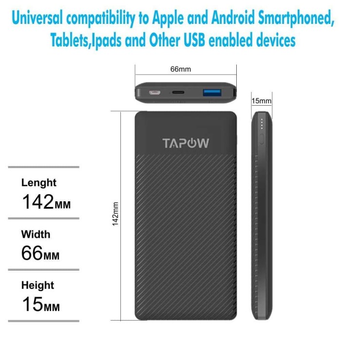 SLIM PD 18W POWER BANK 10000MAH QC 3 QUICK CHARGING TAPOW TP01BLK