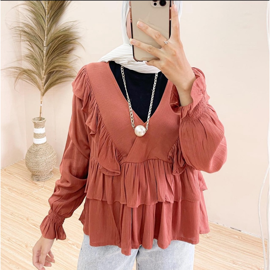 ilook | Blouse Ceria | Jiju Blouse Korean Style | Blouse Crinkle Ruffle | Atasan Blouse Wanita | Bahan Creepe-4