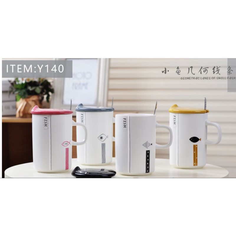 Mug/Gelas/Cangkir Keramik Set Tutup dan Sendok  Lucu Fish