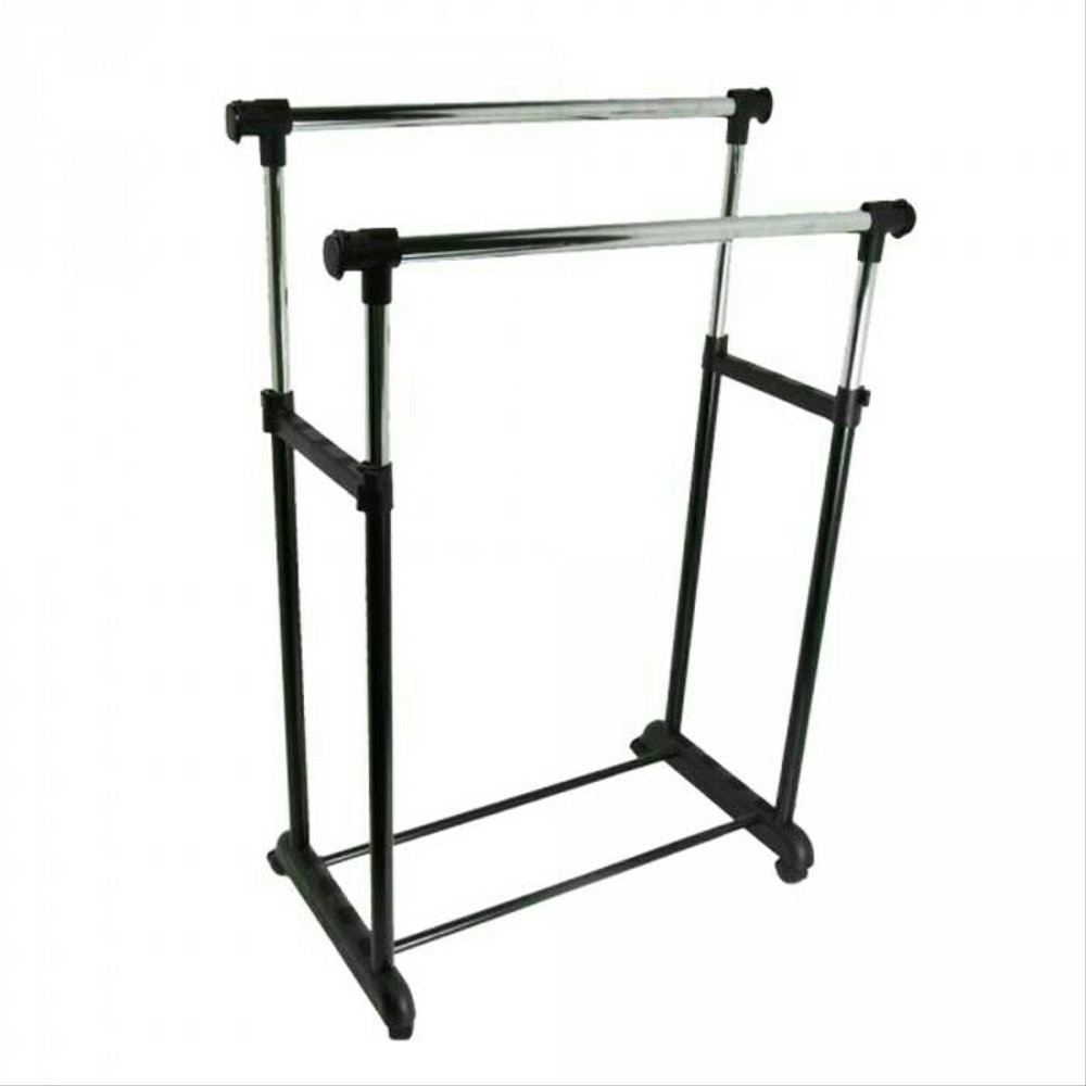 Rak Gantungan Baju Double Rod Rack Stainless + Roda