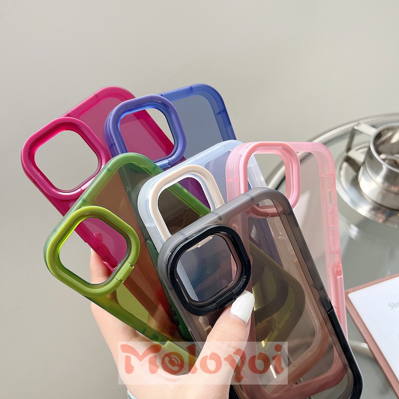 Soft Case TPU 2 In 1 Stand Holder Lipat Warna Polos Fluorescent Untuk IPhone 11 7plus 12Pro Max 8plus 12 13 11 Pro Max