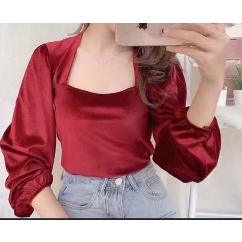 H7 B6/15 Atasan Korean Velvet Top Square neck / Blouse Lengan Panjang leher kotak B6/1603