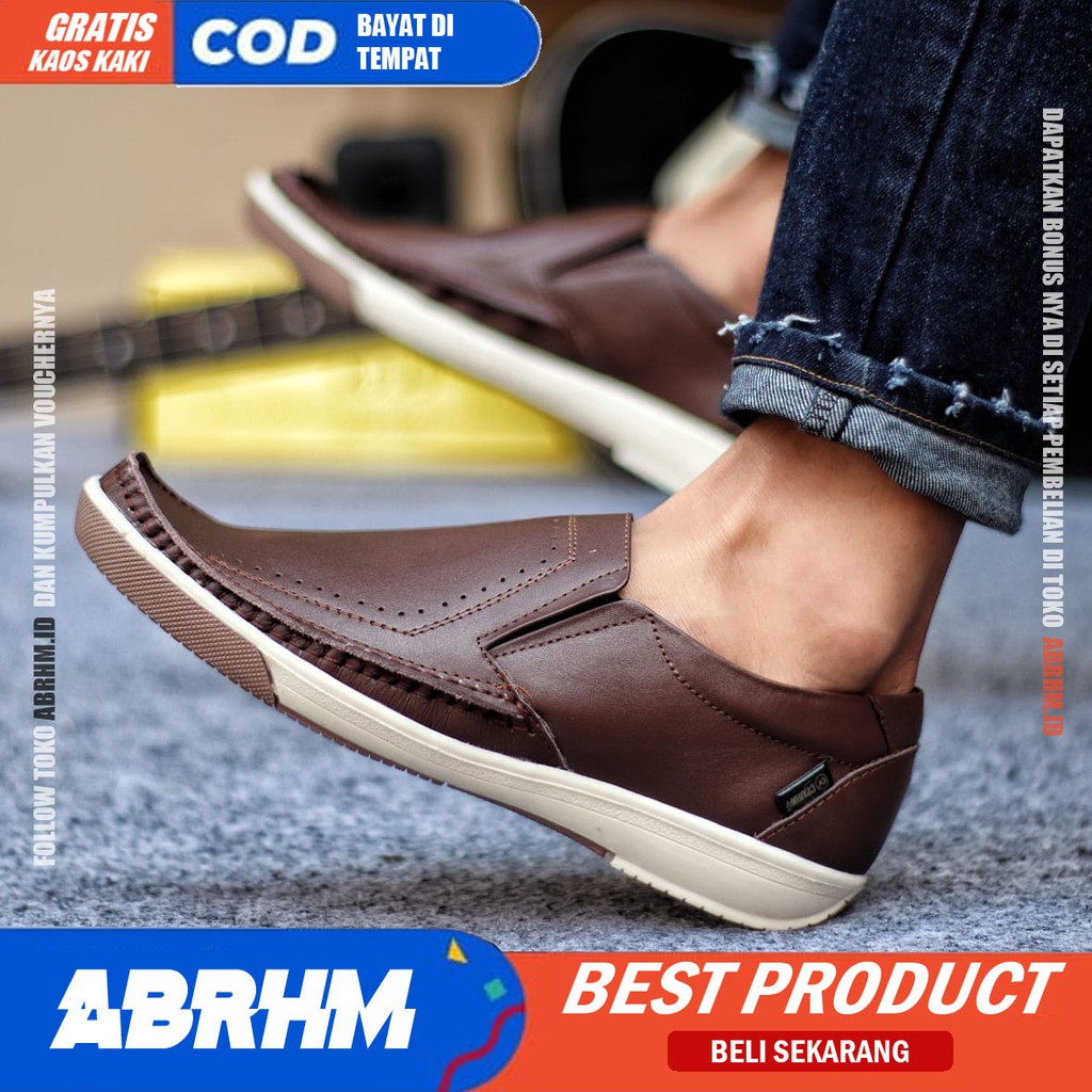 ABRHM X SANDRO Sepatu Casual Slip on Pria Sepatu Slip On Pria Sepatu Pria Casual Kulit Asli Cowok Sepatu Kasual Semi Formal Kerja Kantor Kuliah Anti Slip Gaya Santai Keren Kekinian Original