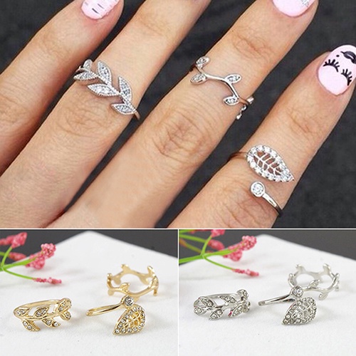 Hu Hu Hu Hu Hu Alat Bantu Pasang Kacamata♡ 3pcs Cincin Knuckle Desain Daun Bahan Alloy Warna Emas / Silver Hias Berlian Imitasi Untuk Wanita