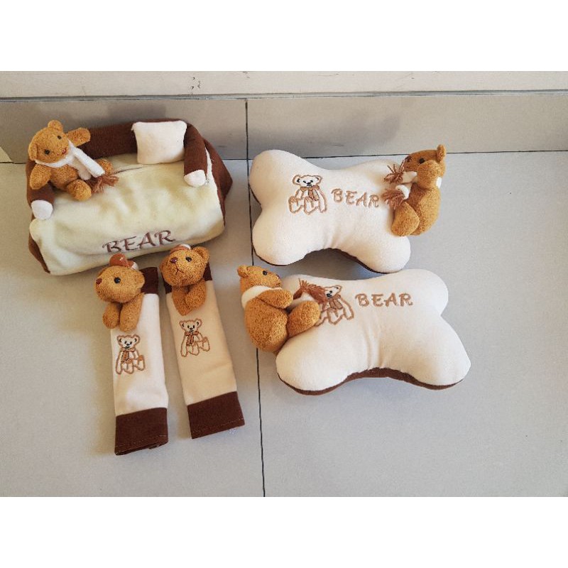 bantal leher set 3in1 mobil tempat tisue tisu sabelt Bear Cream muda