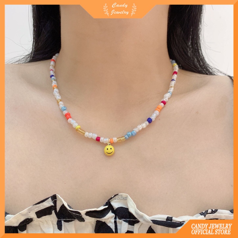 2022 Kalung Manikmanik Liontin Desain Smiley Kartun Warna Permen Untuk Wanita