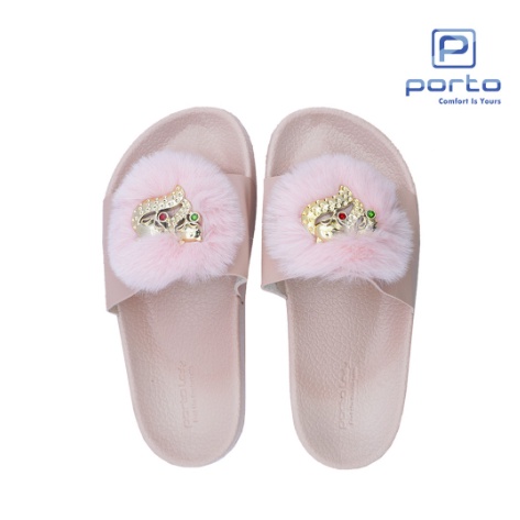 ENX-F - Porto Leveling Sandal Selop Korea Wanita Motif Bulu Lucu Nyaman Anti Slip