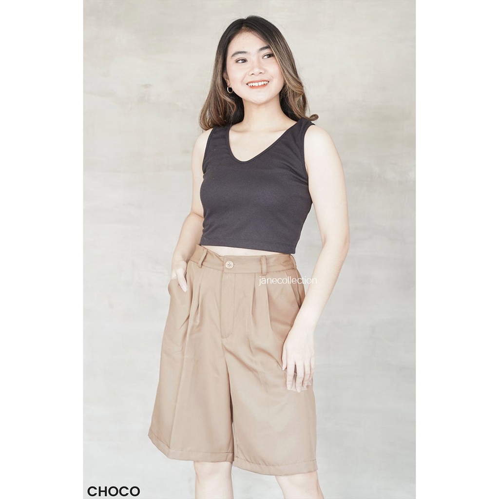 JANE COLLECTION || Celana Pendek Kulot Bawahan Wanita Katun Quincy Pants Hitam Putih Coklat Karet