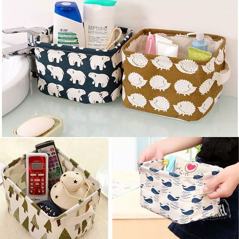 ￼Keranjang Lipat Mini Canvas Storage Box Organizer Multifungsi Wadah Kotak Penyimpanan Aksesories Kosmetik Kanvas