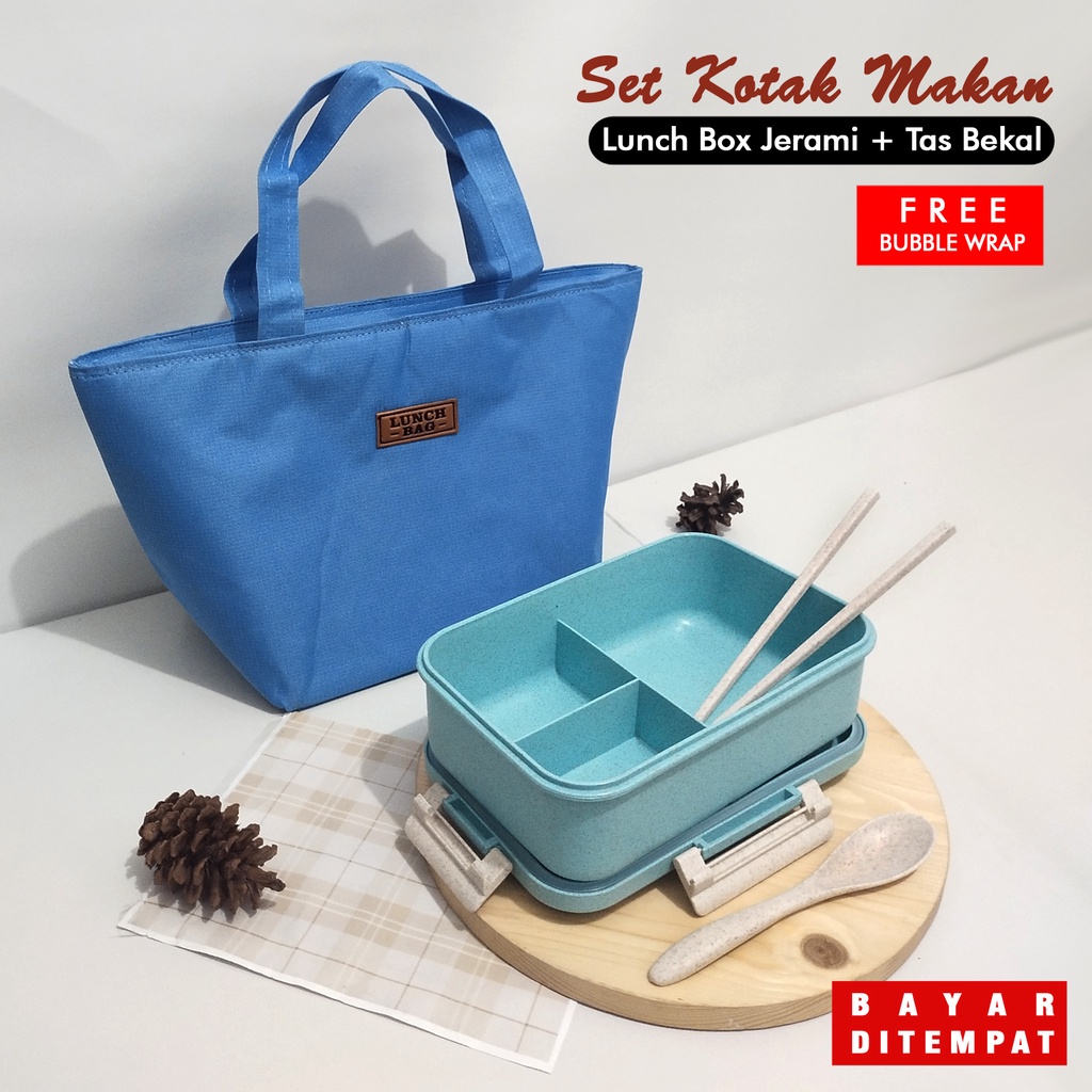 Set kotak makan jerami dan tas bekal set kotak bekal dengan sendok sumpit lunch box set lunch bag polos anti air cooler bag