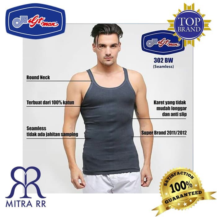 MitraRR Singlet Pria GT Man 302B 302BW / Putih dan Warna / Kaos Singlet Pria