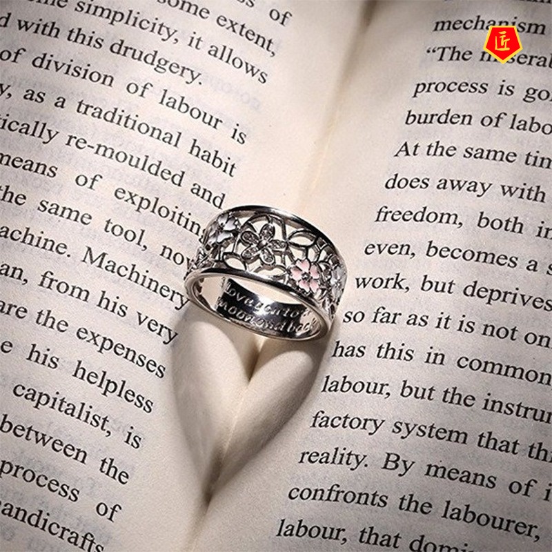 [Ready Stock]Creative Diamond Sakura Ring Engraved Letters Fashion Simple