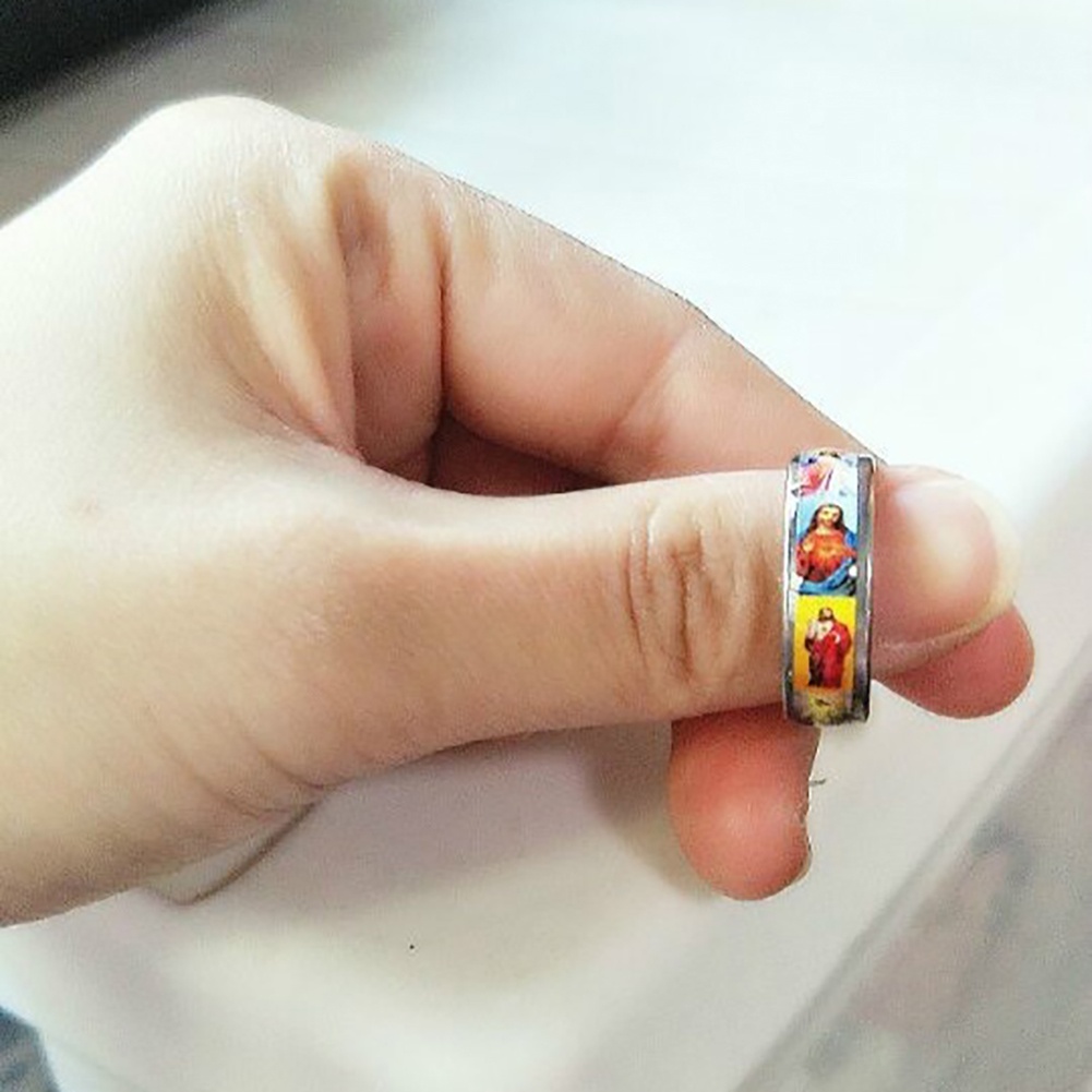 Hu Hu Hu Hu Hu Alat Bantu Pasang Kacamata♡ Cincin Bahan Stainless Steel Desain Lukisan Cat Minyak Yesus Untuk Priawanita