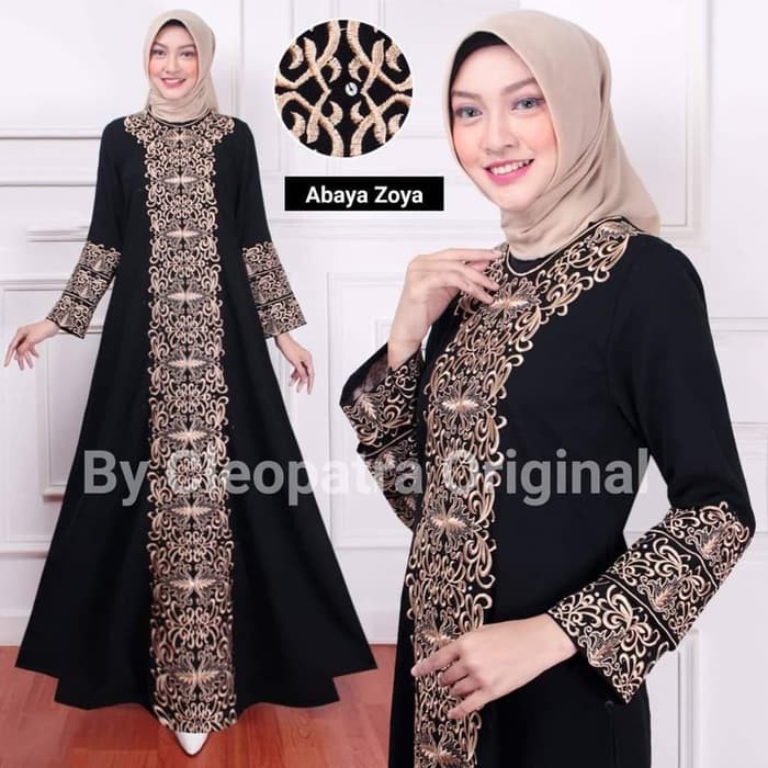 Gamis Abaya Habaya Hitam Bordir Zoya, Bahan Jett Black Saudi, Abayah