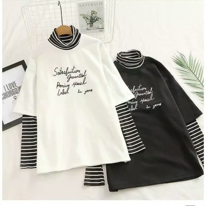 Sweater Wanita Turtle Neck Lengan Panjang Salur - Putih XL