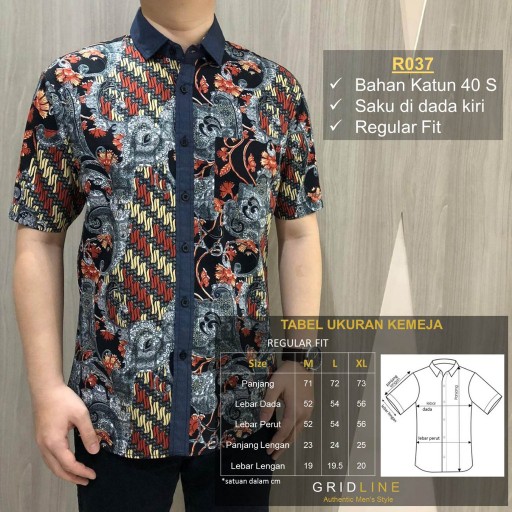 [gridline - R089 Blue] Kemeja Batik Pria Katun Lengan Pendek Regular Modern