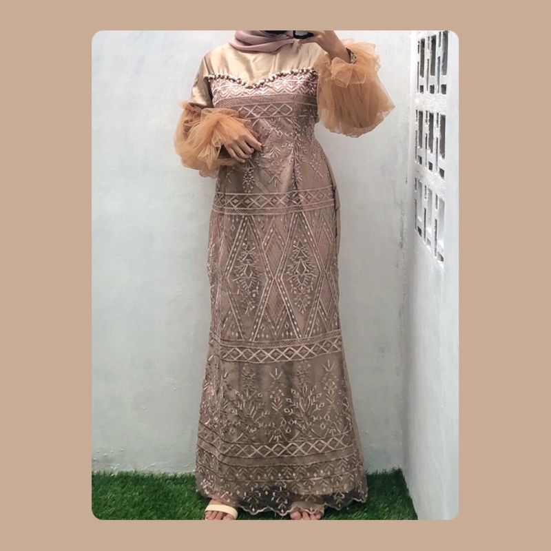 Readystock Dress mermaid duyung brukat lengan balon tile Coklat devina gaun pesta