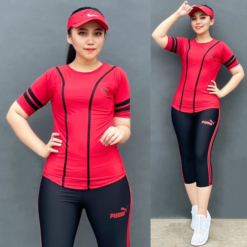 Set Baseball Merah Hitam Setelan Raglan Baju Olahraga Zumba Aerobik Stelan Senam Gym Fitness Cycling