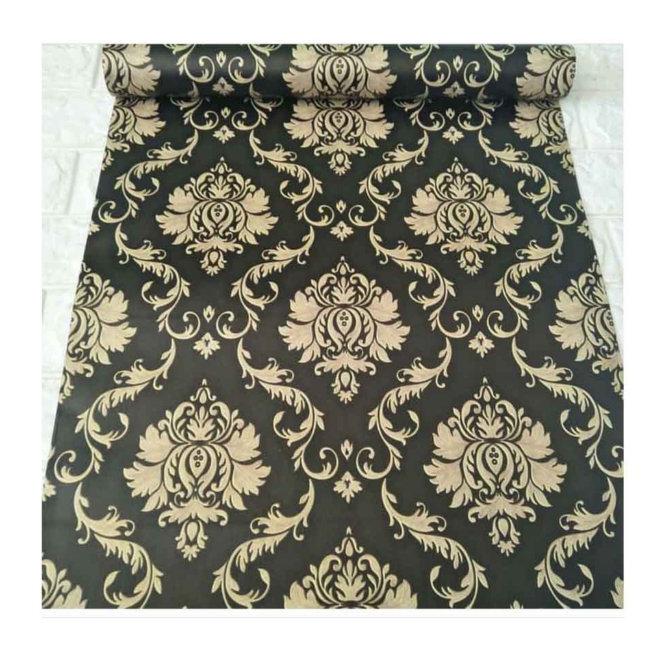 (COD) Gudang Wallpaper  Dinding kamar anti air Murah Dan Terbaik Motif Batik Emas Hitam Bahan PVC Premium (SUDAH ADA LEM)