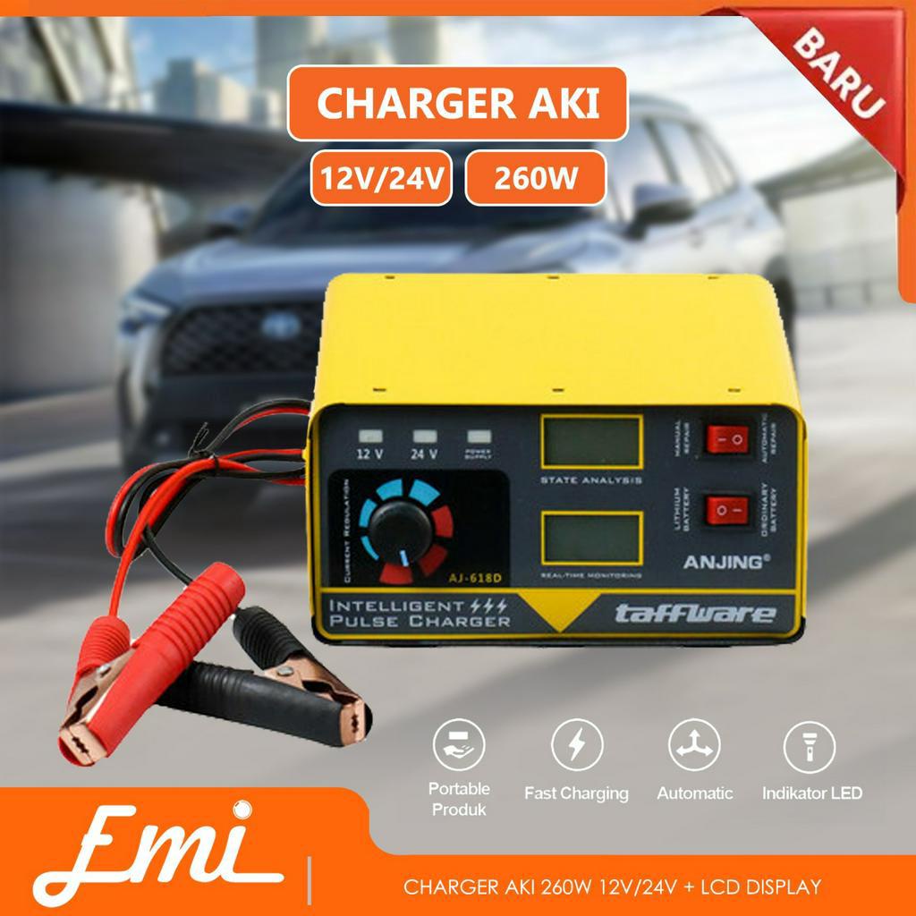 Charger Aki Portable 260W 12V/24V + LCD Display Otomatisasi Repair