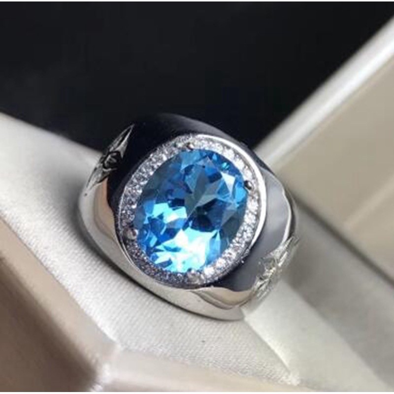 Cincin Pria Batu Permata Topaz Sky Blue Ring Warna Perak Topas Swiss