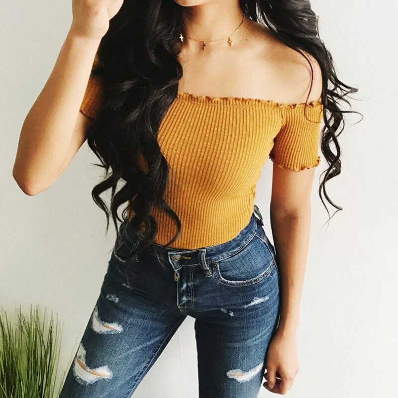 𝑱𝒂𝒌𝒂𝒓𝒕𝒂𝑭𝒂𝒔𝒉𝒊𝒐𝒏 sabrina crop top knit off shoulder jangkis rajut import halus atasan sexsi elegan