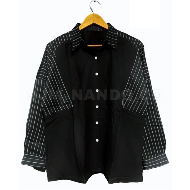 SJM kemeja wanita salur kombinasi lengan panjang kualitas import 710&707-BLACK 2710