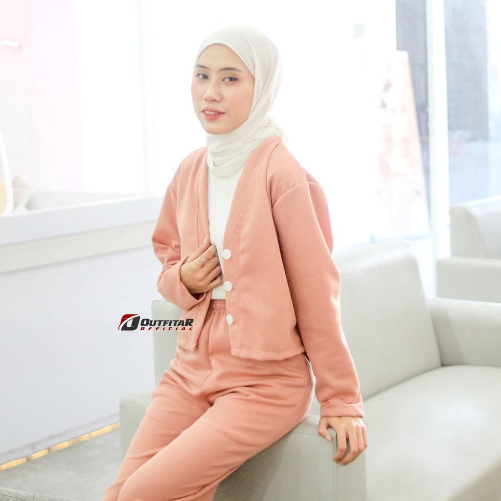 Set Casey Premium Knit (Cardi+Pants) / Setelan Wanita Crop dan Celana Kulot