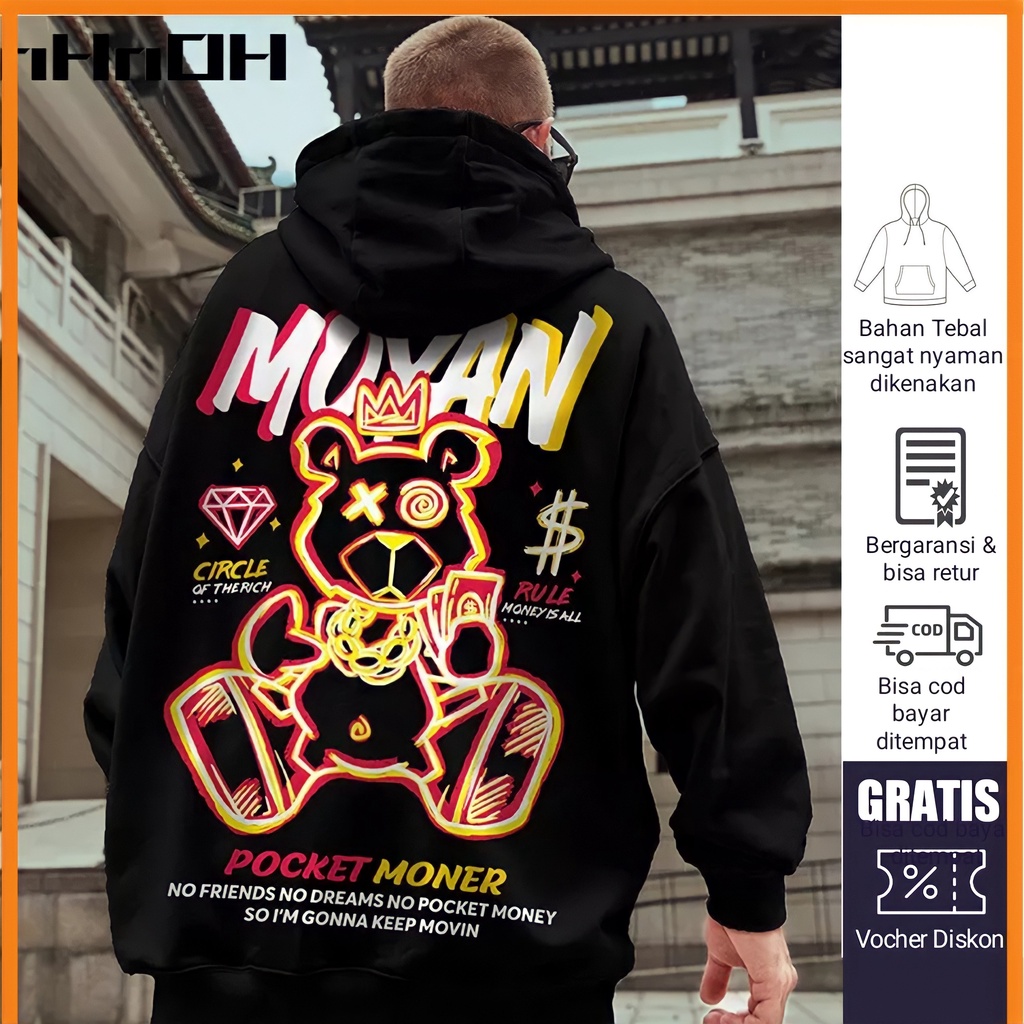 Hodie Sweater Moyan Premium Quality Hoodie Over Size Pria Wanita Unisex Fleece Hoodie Estetik Hitam 