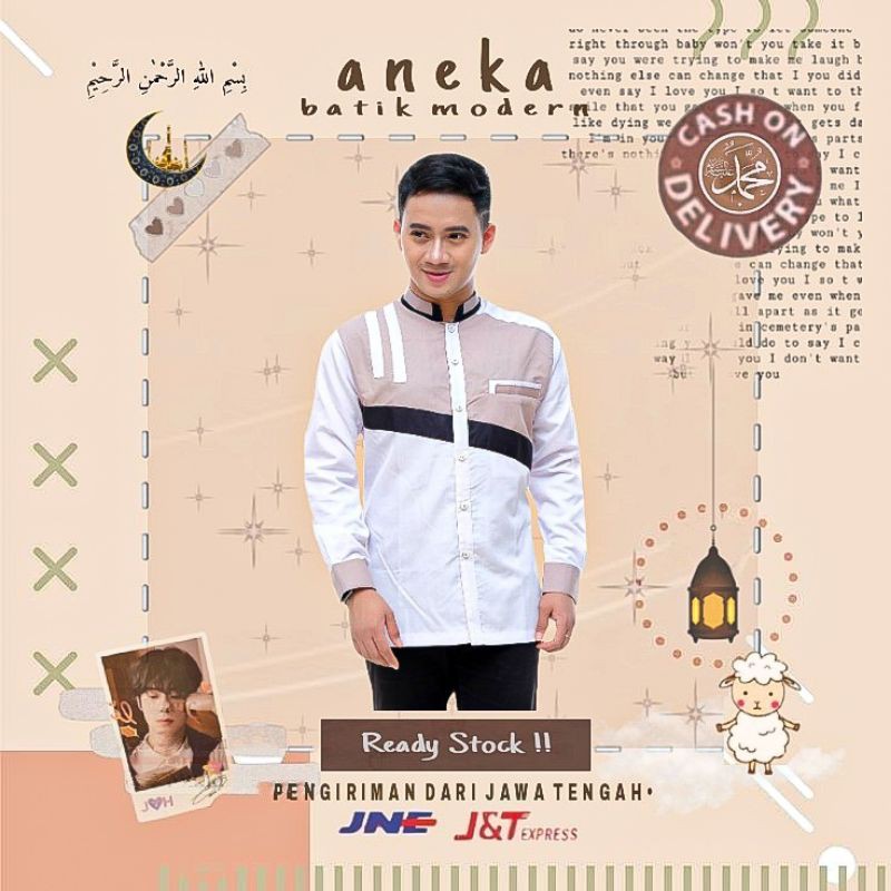 BAJU KOKO MUSLIM LENGAN PANJANG WARNA PUTIH KOMBINASI COKLAT MUDA SUSU COKSU CREM LEBARAN MUSLIM